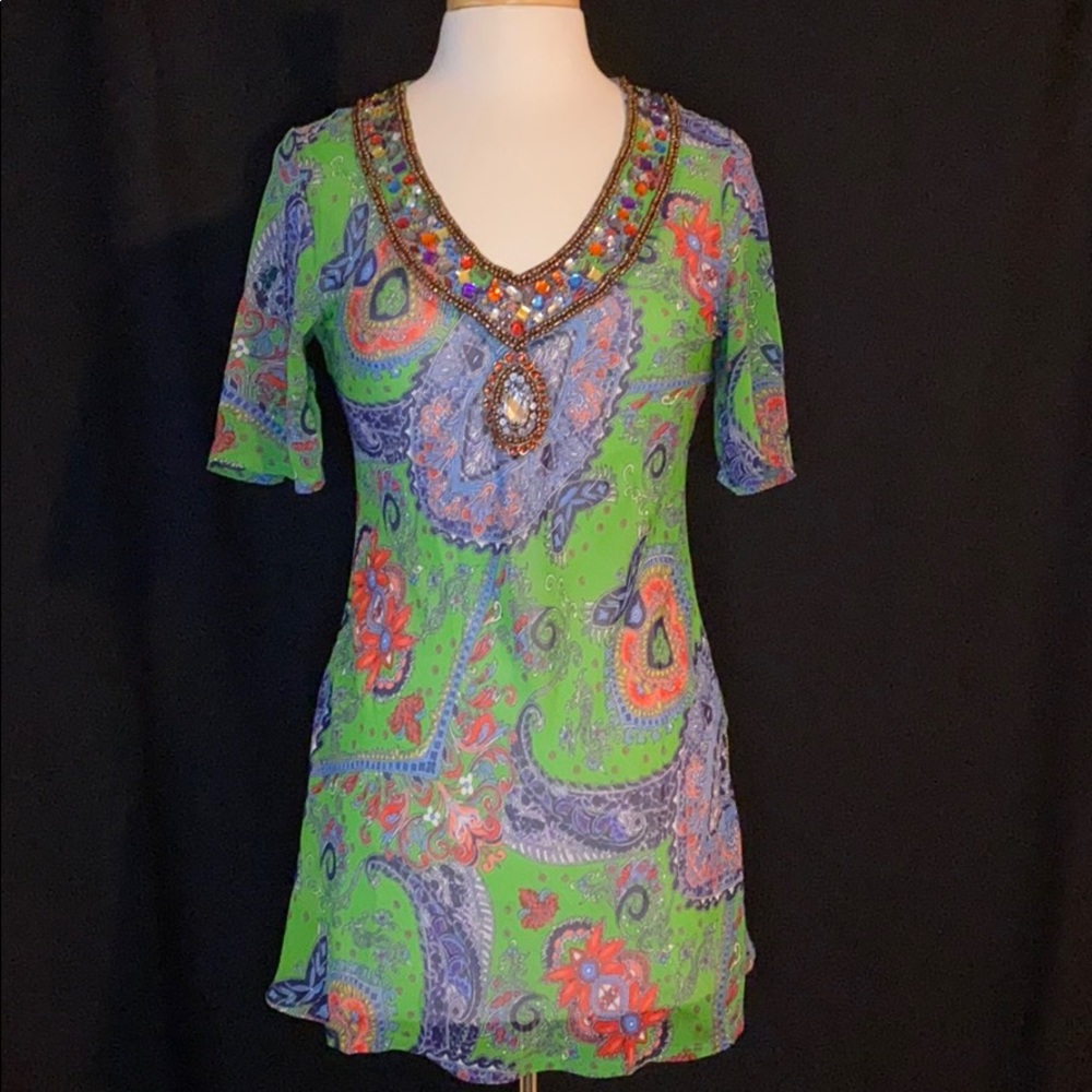 Sheer Green/Paisley & Rhinestone/Beads Blouse
